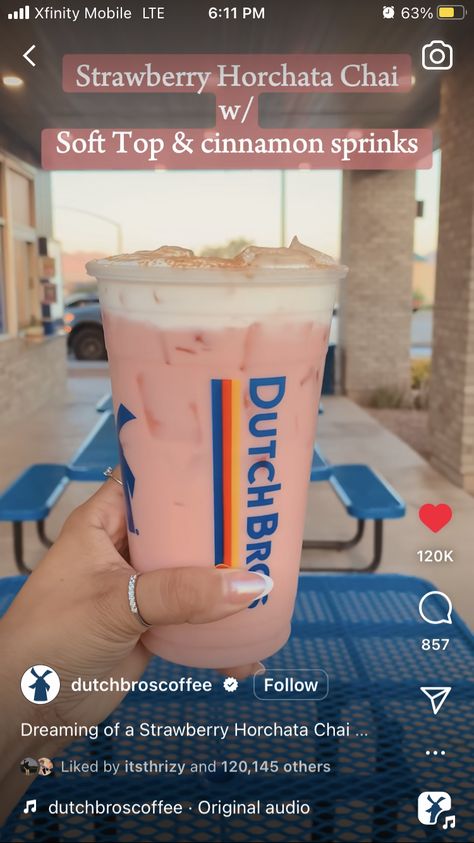 Dutch Bros Strawberry Horchata, Dutchbros Drinks Coffee, Dutch Drinks, Dutch Bros Menu, Dutch Bros Secret Menu, Sonic Drinks, Custom Drinks, Starbucks Drink Menu, Dutch Bros Drinks