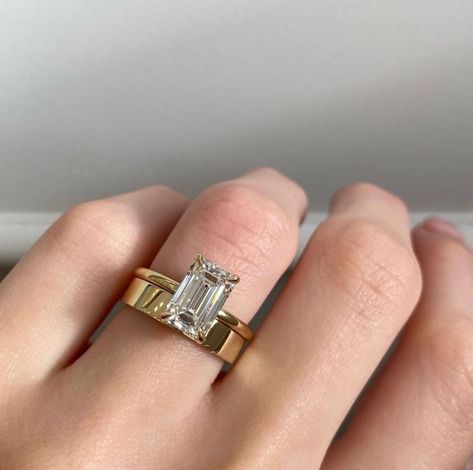 Emerald Cut Gold Band Ring, Stacked Emerald Cut Engagement Ring, Chunky Wedding Ring Stack, Wedding Band Stack Ideas Emerald Cut, Emerald Wedding Stack, Emerald Cut Engagement Ring Thick Band, Thick Gold Wedding Band, Rose Gold Emerald Cut Engagement Ring, Gold Emerald Cut Engagement Ring