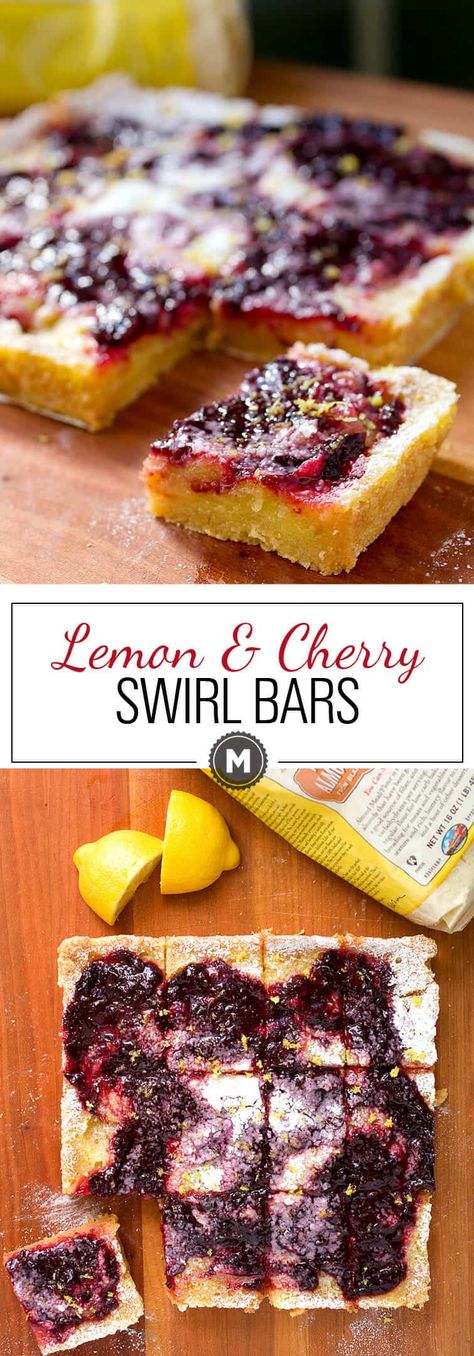 Lemon Cherry Swirl Bars: These simple baked dessert bars are gluten-free and use Bob's Red Mill Almond Flour for the crust! The bars are bright, fruity, tangy, and so very addictive. The recipe uses real lemons and cherries! #spons | macheesmo.com Cherry Pie Bars, Cherry Bars, Fall Parties, Baked Dessert, Cherry Desserts, Pie Bars, Cooking For A Crowd, Pie Bar, Chocolate Treats