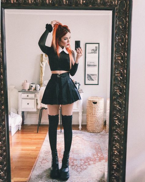 Black Thigh High Socks Outfit, Long Socks Outfits, Black Socks Outfit, Long Socks Outfit, Thigh High Socks Outfit, Skirt And Thigh Highs, Rockstar Fashion, High Socks Outfits, Dark Beauty Fashion