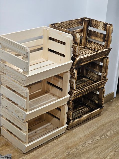 Stackable Wooden Crates, Wooden Crate Kitchen Storage, Farmstead Kitchen, Rustic Wooden Kitchen, Soda Storage, Wooden Kitchen Storage, Unit Kitchen, Shoe Storage Unit, Onion Storage