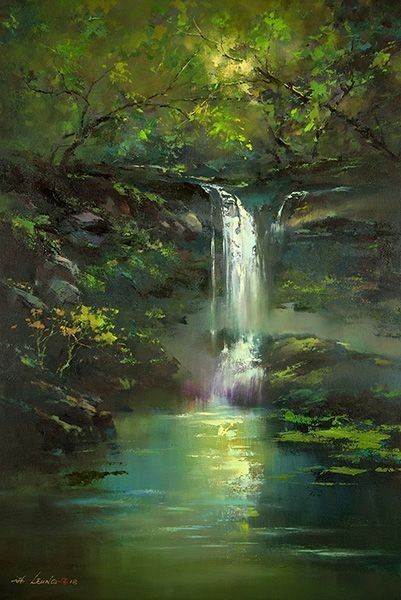 Paintings Of Waterfalls, Acrylic Nature Painting, Interior Design Royal, Diy Painting Canvas For Beginners, Waterfalls Painting, Waterfall Watercolor, Diy Painting Canvas, Watercolor Waterfall, Woodland Painting