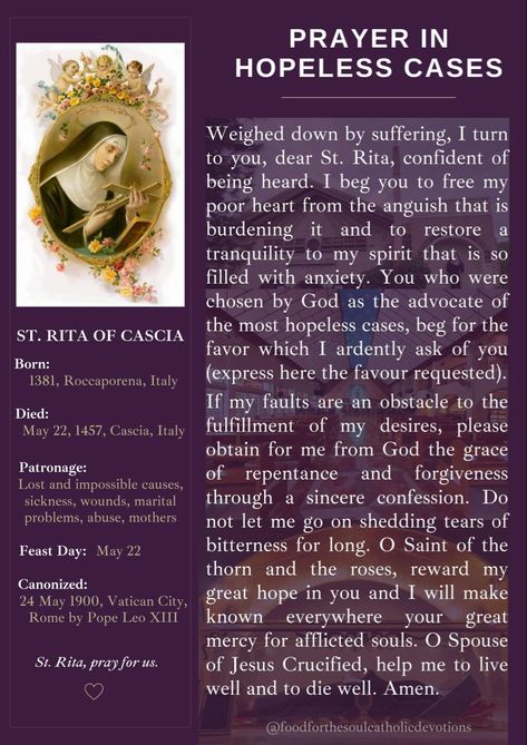 Prayers To Saints, Patron Saints List Catholic, Repentance Prayer, Saints Prayers, Catholic Saints Prayers, Rita Of Cascia, Novenas Catholic, Fatima Prayer, Rosary Prayers Catholic