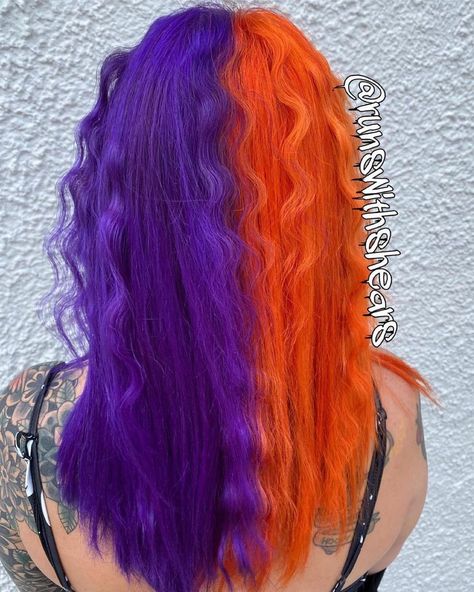 Stunning Orchid + Solar Flare blend Split by @runswithshears - Try our Brights collection for highly pigmented vibrant shades #orangehair #purplehair #hairdye #hair #splithair #lunartides Purple And Orange Hair, Halloween Hair Dye, Halloween Hair Color Ideas, Halloween Hair Color, Dramatic Hair Colors, Split Dye, Future Aesthetic, Split Dyed Hair, Hair 2022