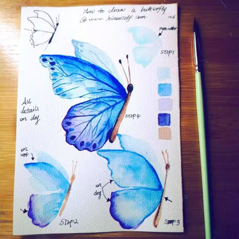 2 How to draw a watercolor butterfly step by step - Hinewme Butterfly In Watercolor, Watercolor Bugs, Butterfly Step By Step, Butterfly Drawings, Watercolor Pencil Art, Butterfly Tutorial, Watercolor Beginner, Watercolor Butterfly, Canvas Painting Ideas