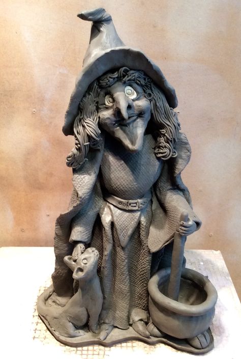 #Witch sculpture. Made from stoneware clay. This is what she looks like before she's glazed and fired. Clay Witch Sculpture, Witch Ceramics, Ceramic Witches, Witch Sculpture, Ceramic Witch, Clay Witch, Baba Jaga, Ceramic Christmas Decorations, Clay Moulding