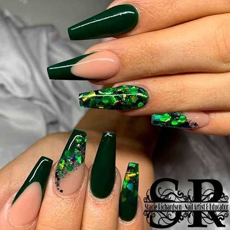 Dark Green Nails Ideas, Green Nails Ideas, Emerald Nails, Black Nails With Glitter, Nails Dark, Green Acrylic Nails, Dark Green Nails, Green Nail Art, Acrylic Nail Shapes