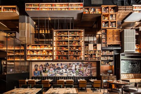 Robot Service at Chicago's Hotel EMC2 - Fathom Library Restaurant, Library Bar, Rockwell Group, Cozy Library, Chicago Hotels, Hotel Interior, Private Dining, Eclectic Interior, Boutique Design