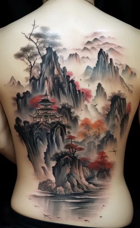 Japanese Landscape Tattoo, Moutain Tattoos, Jack Skellington Tattoo, Gotik Tattoo, Where Tattoo, Chinese Mountains, Japanese Style Tattoo, Japanese Mountains, Armband Tattoos