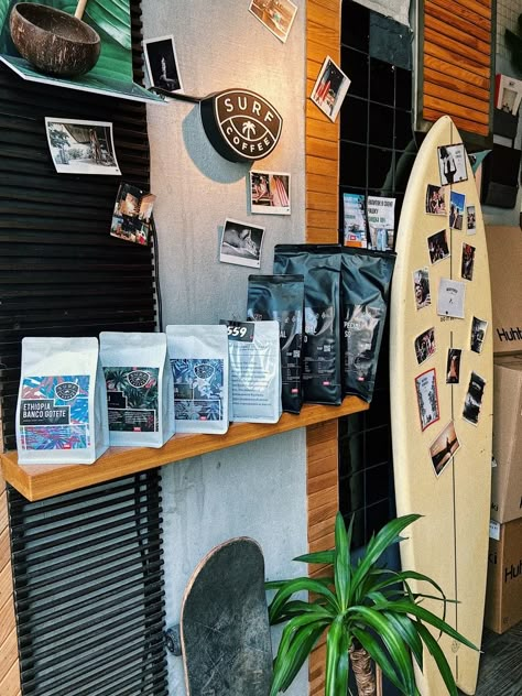 Surf Interior Design, Surf Shop Interior, Coffee Book Shop, Practice Aesthetic, Surf Interior, Surf Home, Trash Chute, Surf Bar, Surf Cafe