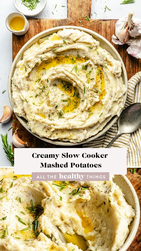 Slow Cooker Mashed Potatoes! These creamy potatoes are filled with garlic flavor and perfectly creamy, delicious, and so easy to make! Slow Cooker Mashed Potato Casserole, Slow Cooker Mashed Potatoes Thanksgiving, Crockpot Garlic Mashed Potatoes, Mashed Potatoes Recipe Crock Pot, Slow Cooker Thanksgiving Sides, Crockpot Mashed Potatoes Easy, Mashed Potatoes In Crockpot, Mashed Potatoes Slow Cooker, Mashed Potatoes No Milk