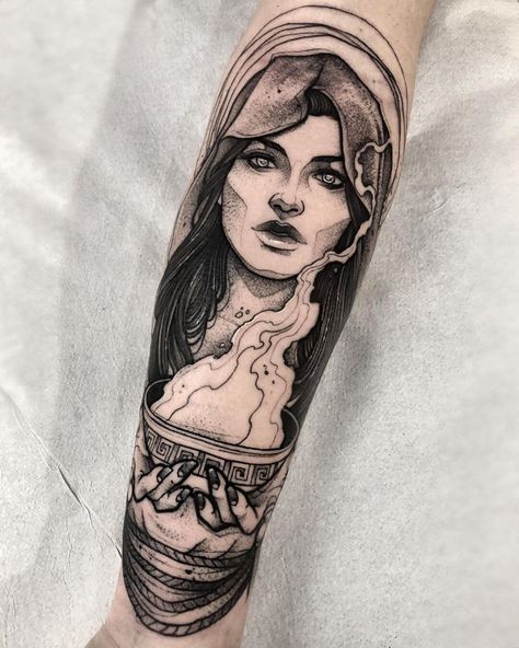 Beautiful Goddess Hestia Tattoos Female Portrait Tattoo Design, Aqua Tattoo, Blackwork Tattoo Sketch, Greek Goddess Tattoo, Aphrodite Tattoo, Poseidon Tattoo, Zeus Tattoo, Statue Tattoo, Greek Mythology Tattoos