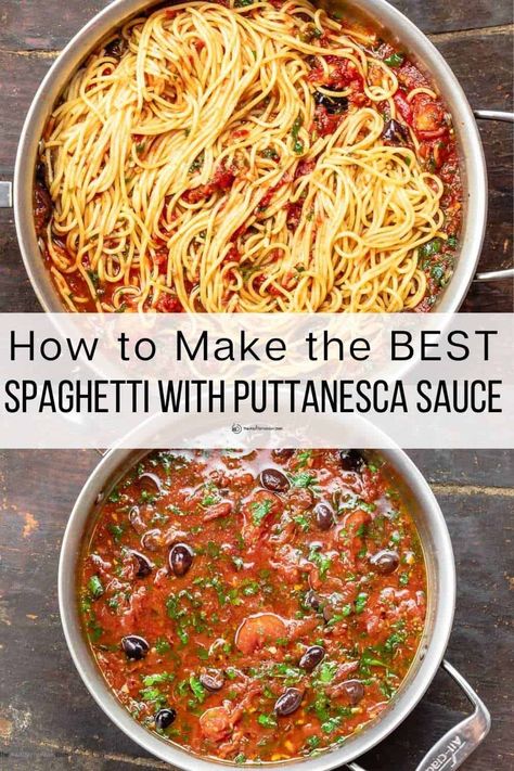 Bold and comforting in the best way, this pasta puttanesca recipe takes pantry staples including canned tomatoes, garlic, anchovies, olives and capers! Chicken Puttanesca, Pasta Puttanesca Recipe, Puttanesca Recipe, Anchovy Pasta, Spaghetti Alla Puttanesca, Puttanesca Sauce, Alla Puttanesca, Pasta Puttanesca, Ragu Recipe