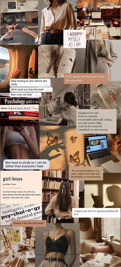 2024 Vision Board Psychology, Vision Board Collage Study, Pyschology Girl Aesthetic, Aesthetic Vision Board Pictures Psychology, Corporate Aesthetic Wallpaper, Brown Vision Board Wallpaper, Aesthetic Wallpaper Back To School, Psychology Student Aesthetic Motivation, Vision Wallpaper Aesthetic