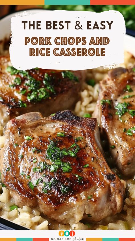 Need an easy, comforting dinner? This Pork Chops and Rice Casserole is a one-pan wonder—juicy pork, creamy mushroom soup, and seasoned rice. Perfect for busy nights! Pork Chop And Rice Casserole Easy, Pork Chops Rice And Mushroom Soup, Pork Chops And Rice Recipes In Oven, Pork Loin With Rice, One Dish Pork Chops And Rice, Pork Chops And Rice For 2, Pork Chops And Rice Crockpot Recipe, Pork Chops And Wild Rice Casserole, Casserole With Pork Chops