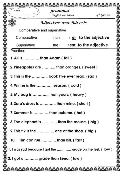 comparative and superlative - English ESL Worksheets for distance learning and physical classrooms Year 2 English Worksheets, Comparative Adjectives Worksheet, Third Grade Grammar Worksheets, Teaching Adjectives, Comparative And Superlative, Adverbs Worksheet, 2nd Grade Grammar, Adjectives Activities, Adjective Worksheet