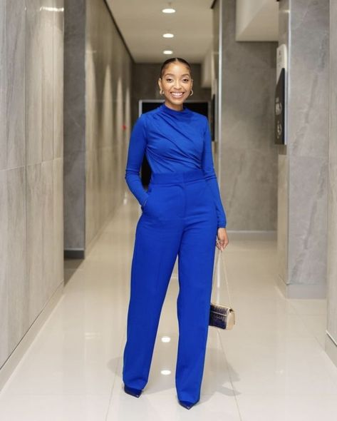 Royal Blue Outfit Ideas Black Women, Royal Blue And White Outfit, Blue Outfit Ideas Black Women, Royal Blue Pants Outfit Work, Blue Pants Work Outfit Women, Blue Church Dress, Blue Monochrome Outfit, Feminine Style Casual, Blue Outfit Ideas