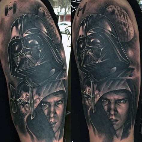 Male Arms Amazing Darth Vader Tattoo Ken Tattoo, Darth Vader Tattoo Design, Vader Tattoo, Star Wars Tattoo Sleeve, Max Tattoo, Darth Vader Tattoo, Auto Tattoo, Piercing Men, Dark Vader