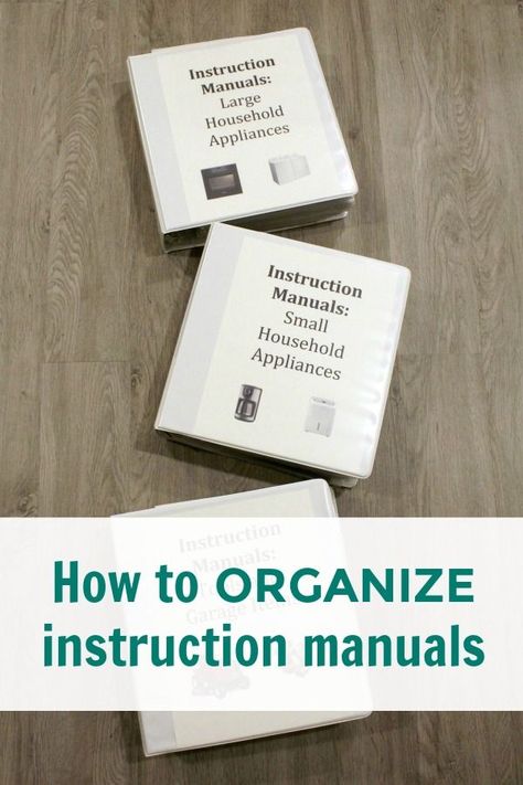 Easy instruction manual organization: Use 3 inch three ring binders and page protectors to easily organize household appliance and tool instruction manuals. #organize Manual Organization, Cleaning Closet Organization, Room Organisation, Household Binder, Magnetic Spice, Sheet Protectors, Household Appliance, Kids Art Supplies, Organized Mom