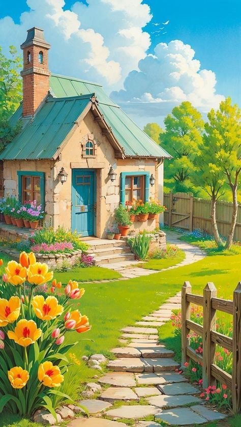 Kawaii Desktop, Cottage Art, Landscape Art Painting, 수채화 그림, Cool Wallpapers Art, Beautiful Landscape Wallpaper, Dreamy Art, The Cottage, Anime Scenery Wallpaper