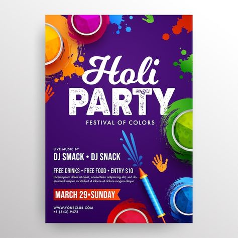 Holi party flyer | Premium Vector #Freepik #vector #holi-background #holi-splash #holi-colors #holi Holi 2023, 2023 Party, Holi Party, Color Festival, Happy Holi, Party Flyer, Invitation Card, Love You So Much, Free Food