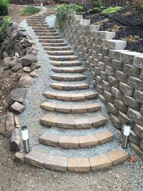 Walkway For Sloped Yard, Stairs Outdoor Landscape, Hillside Erosion Control Retaining Walls, Block Stairs Outdoor, Hillside Steps Sloped Backyard, Backyard Steps Ideas, Build Steps Into Hillside, Stairs In Hillside, Outdoor Stairs Hillside