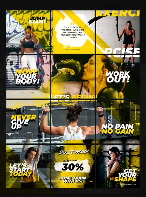 Fitness Instagram Puzzle Template PSD Fitness Design Graphics, Fitness Graphic Design, Media Design Graphics, Fitness Graphics, Fitness Social Media, Sports Social Media, Instagram Puzzle Template, Sports Design Ideas, Instagram Feed Planner