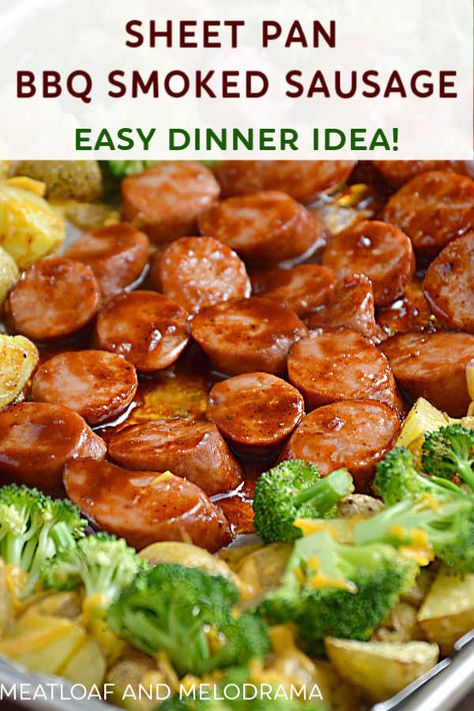 This Sheet Pan BBQ Smoked Sausage Dinner with roasted potatoes and broccoli is super easy to prepare and ready in just 20 minutes! Even your pickiest eaters will eat this right up! Dinner Recipes For Family Sausage, Smoked Sausage Dinner Recipes, Smoked Sausage Dinner, Bbq Smoked Sausage, Roasted Potatoes And Broccoli, Atkins Diet Food List, Easy Sausage Recipes, Potatoes And Broccoli, Sausage Recipes For Dinner