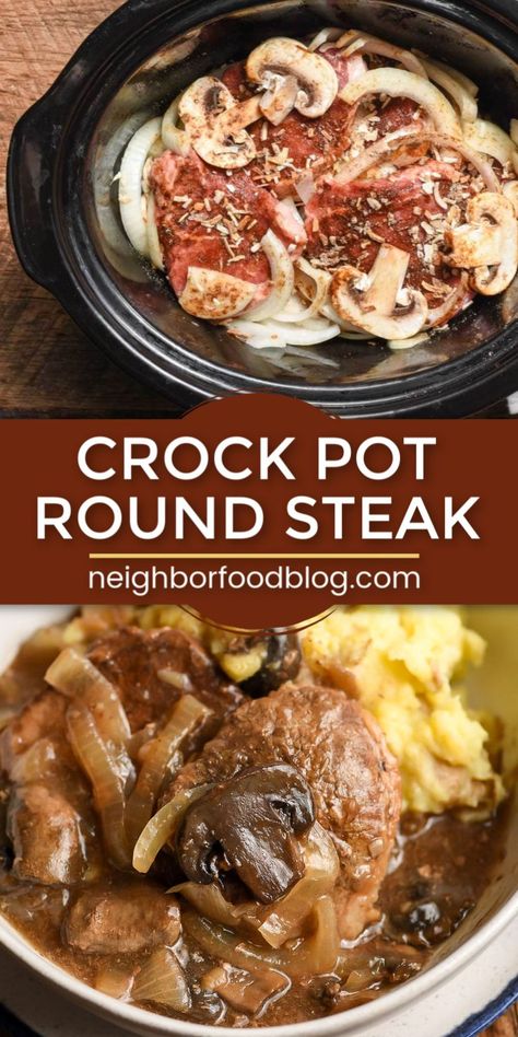 Crock Pot Round Steak, Crockpot Round Steak Recipes, Mushrooms Gravy, Crockpot Steak Recipes, Beef Round Steak, Round Steak Recipes, Crockpot Steak, Facebook Recipes, Moo Cow