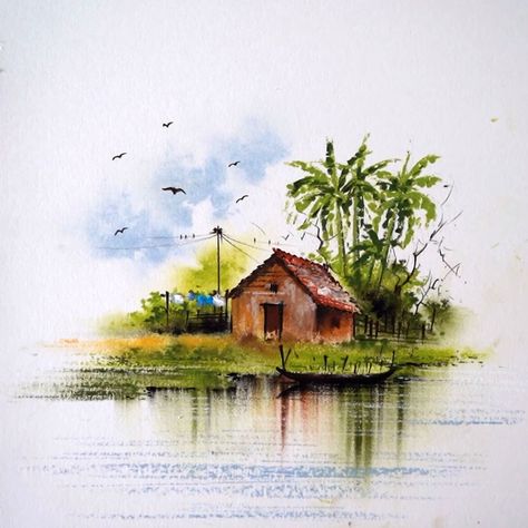 Village Landscape Paintings Watercolor, Village Drawing Watercolor, Village Scenery Drawing With Oil Pastel, Village Scene Drawing Oil Pastel, Village Drawing Landscapes Watercolor, Scenary Draw Reference, River Scenery Drawing, Beautiful Village Scenery Drawing, Morning Drizzle Oil Pastel