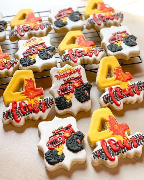 Blaze Cookies Decorated, Blaze And The Monster Machines Cookies, Blaze Cookies, Monster Truck Cookies, Blaze Party, Blaze Birthday, Monster Truck Cake, Blaze And The Monster Machines, Hot Wheels Birthday