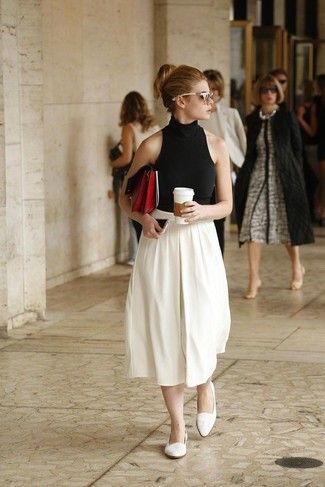 Black Sleeveless Turtleneck & White Circular Skirt Turtleneck Sleeveless Outfit, Sleeveless Turtleneck Outfit, Black Turtleneck Outfit, Turtleneck Outfits, Turtleneck White, Turtleneck Outfit, Corporate Attire, Sleeveless Outfit, Pointy Toe Flats