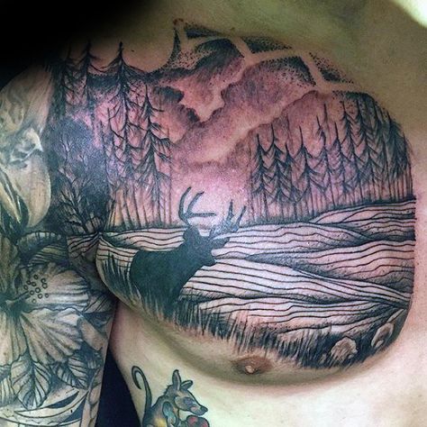 Deer In Forest Mens Upper Chest Landscape Tattoos Landscape Tattoo Ideas, Landscape Tattoos, Hunting Fishing Tattoo, Deer Landscape, Landscape Photography Trees, Grey Landscape, Hunting Tattoos, Garden Tattoos, Best Landscape