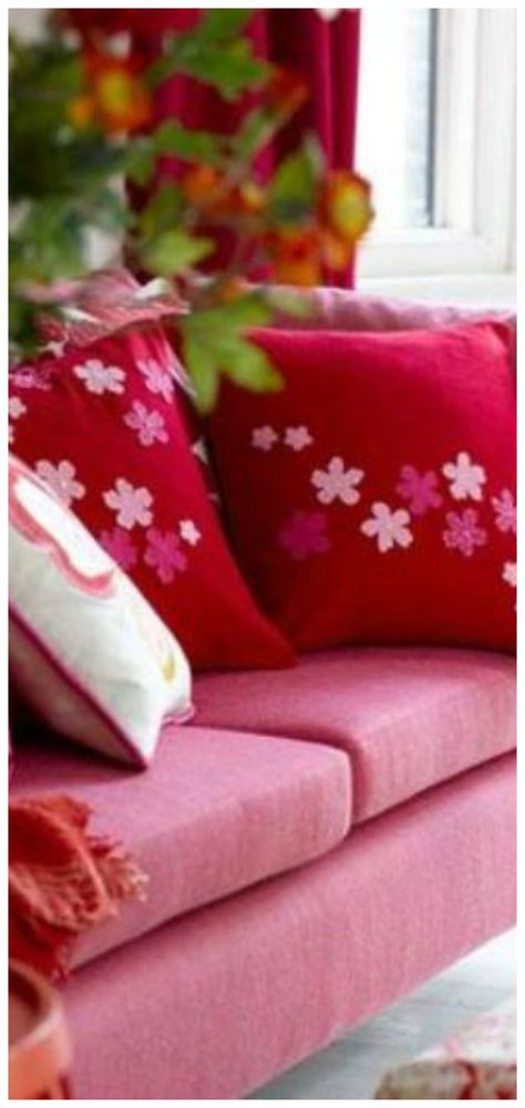 Hot Pink Cushions, Pink And Red Plaid Pillows, Pink And Red Throw Pillows, Strawberry Pillow Pink, Pink Tropical Pillow, Pink Cottage, Pink Sofa, Red Cottage, Pink Interior