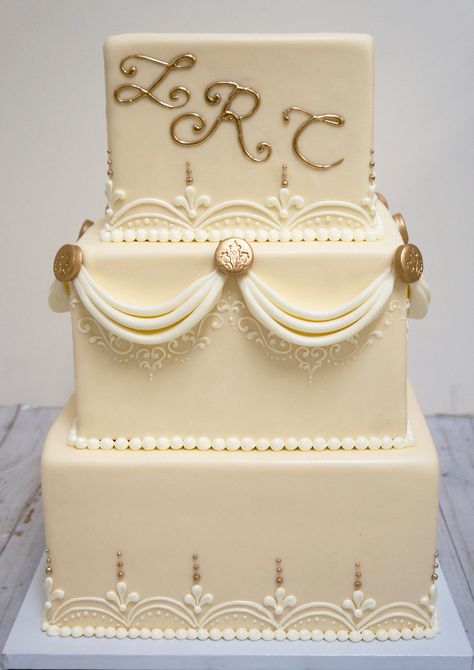 Two Tier White And Gold Wedding Cake, 3 Tier Wedding Cake White And Gold, White And Gold Three Tier Cake, White Wedding Cake With Gold Foil, White Wedding Cake Gold Leaf, Cream Drapes, Wedding Cake With Initials, 3 Tier Wedding Cakes, Fondant Wedding Cakes