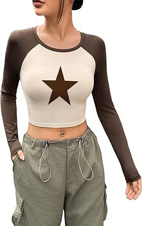 Cute Star Outfits, Star T-shirt, Aesthetic Long Sleeve Shirts, Collar Tshirt Women Outfit, Cropped Tshirt Outfits, Top Manga Larga, Cute Pajama Sets, Crop Top Tees, Aesthetic Shirts