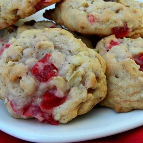 Cherry Oatmeal Cookies Maraschino Cherry Shortbread Cookies, Cherry Shortbread Cookies, Cherry Shortbread, Cherry Oatmeal Cookies, Cherry Oatmeal, Patriotic Desserts, Cherry Cookies, Oatmeal Cookies Chewy, Oatmeal Cookie Recipes