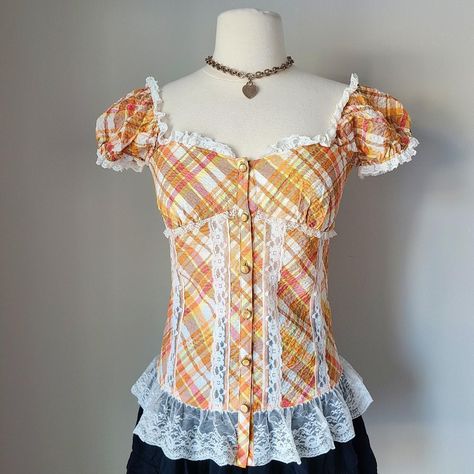 Liz Lisa Coquette Checkered Orange Milkmaid Shirt ❧... - Depop Milkmaid Shirt, Orange Coquette, German Style, Liz Lisa, Summer Camp, Style Board, White Lace, Lace Trim, Fashion Inspo