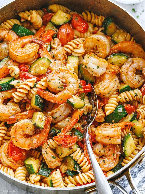 Dinner Recipe Shrimp, Garlic Shrimp And Tomato Pasta, Family Dinner Favorites, Shrimp Pasta Recipes Gluten Free, Shrimp Sausage Zucchini Recipes, Shrimp Pasta Vegetables, Veggie Shrimp Pasta, Protein Pasta With Shrimp, Shrimp And Peppers Pasta