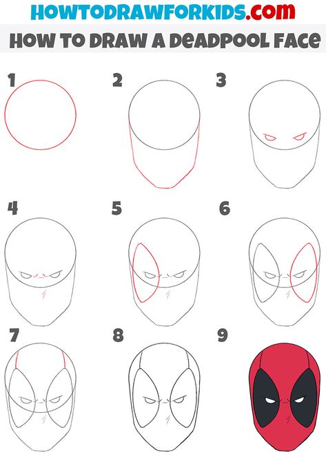 How to Draw a Deadpool Face - Easy Drawing Tutorial For Kids Stitch How To Draw, How To Draw Spiderman Eyes, Marvel Avengers Drawings Easy, Drawing Deadpool, Marvel Step By Step Drawings, How To Draw Deadpool, Funny Drawings Easy, Deadpool Drawing Easy, Marvel Drawings Easy