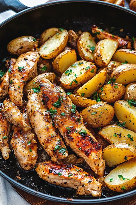 Garlic Butter Chicken and Potatoes Skillet Chicken And Potato Freezer Meal, Chicken Cubes Recipes Simple, Chicken And Baby Potatoes, Cubed Chicken Recipes, Chicken And Potatoes Skillet, Garlic Butter Chicken And Potatoes, Butter Chicken And Potatoes, Potatoes Skillet, Cubed Chicken