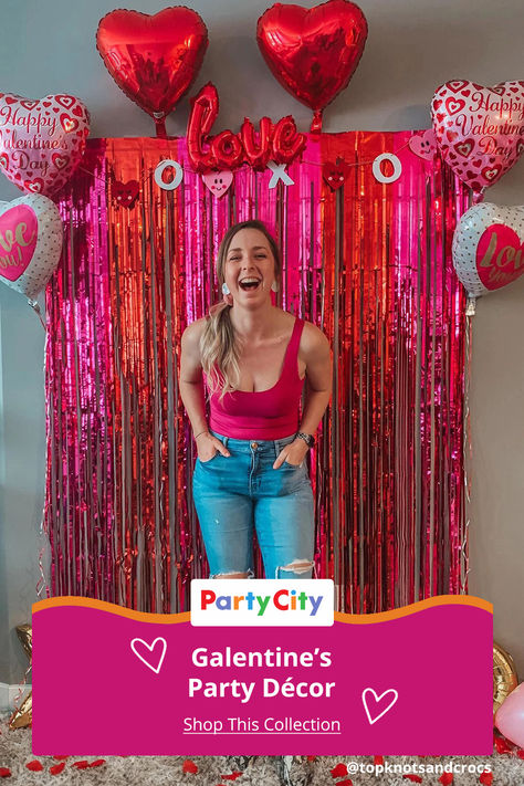 Create the ultimate photo backdrop for your Galentine’s party by combining metallic fringe with foil heart and letter balloons. It’s easy, fun and makes photos of you and your squad look great. Find more Galentine’s party must-haves at partycity.com Valentines Theme Party, Vday Party, Valentine Dinner Party, Valentines Party Food, Galentines Day Ideas, Valentines Brunch, Valentine Backdrop, Valentines Birthday Party, Valentines Party Decor