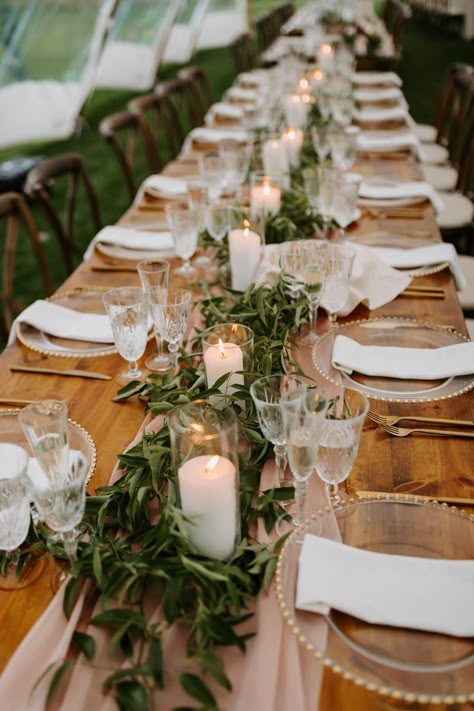 Wedding Centerpiece Farm Table, Greenery Down Table Wedding, Long Tables At Wedding Reception, Long Tablescape Ideas, Wedding Table Settings Greenery, White Table Runners Wedding, Backyard Wedding Dinner Table, Outdoor Table Wedding, Spring Wedding Greenery