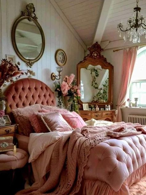 Pink Victorian Aesthetic Bedroom, Pink Boho Room Decor, Small Girly Apartment Ideas, Wall Art Layout Ideas Bedroom, Pink And Maroon Bedroom, Vintage French Apartment, Half Tester Bed Canopy, Pink Antique Aesthetic, Pink Room Vintage