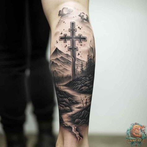 Calvary Hill Tattoo, Long Road Tattoo, Cross Mountain Tattoo, Cross With Mountains Tattoo, Even Though I Walk Through The Valley Tattoo, Cross And Mountain Tattoo, Cross Back Tattoo For Men, Though I Walk Through The Valley Tattoo, Cross In Nature