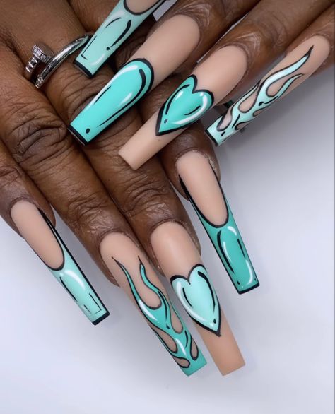 Long Nails Crazy Design, Zodiac Sign Nails Acrylic Long, Nail Designs Trippy, Trippy Nails Acrylic Coffin, Edc Nails Designs, Edc Nails, Acrylic Nail Designs Trippy, Pop Art Nails, Girls Nail Designs