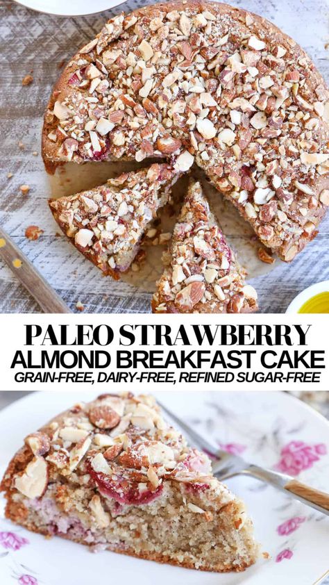 Almond Breakfast Cake, Paleo Breakfast Cake, Healthy Almond Cake, Paleo Strawberry Recipes, Paleo Flour Recipes, Almond Flour Breakfast Recipes, Paleo Strawberry Cake, Mevy Diet, Strawberry Recipes Healthy