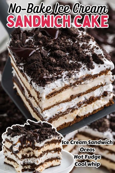 Make this No-bake Ice Cream Sandwich Cake in less than 10 minutes! All you need is 5 simple ingredients - ice cream sandwiches, Cool Whip (or whipped topping), cookies & cream ice cream, hot fudge, and Oreos!rnThis will be your new favorite dessert to bring to parties, potlucks, and birthdays! My kids beg for me to make it and the best news is that it takes no time at all and is no-bake!! Easy Ice Cream Sandwich Cake, Ice Cream Cake With Ice Cream Sandwiches, Ice Cream Cake Recipe Easy, Ice Cream Sandwich Cake Recipe, Oreo Ice Cream Sandwich, Ice Cream Sandwich Dessert, Homemade Ice Cream Cake, Ice Cream Sandwich Cake, Ice Cream Birthday Cake