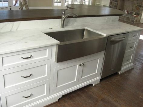 15 Farmhouse Sinks for Every Kitchen Imaginable - white cabs, stainless D/W and apron-front sink, marble, dark wood Stainless Farmhouse Sink, Black Farmhouse Sink, Stainless Steel Farmhouse Sink, Farmhouse Sink Faucet, White Farmhouse Sink, Rental Kitchen, Sinks Kitchen Stainless, Kitchen Black, Stainless Steel Sink