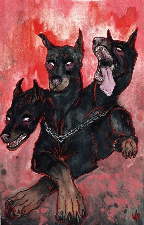 Descriptions of Cerberus vary, including the number of his heads. Cerberus was usually three-headed, though not always. Cerberus had several multi-headed relatives. His father was the multi snake-headed Typhon and Cerberus was the brother of three other multi-headed monsters, the multi-snake-headed Lernaean Hydra; Orthrus, the two-headed dog who guarded the Cattle of Geryon; and the Chimera, who had three heads: that of a lion, a goat, and a snake And, like these close relatives, Dogs, Black